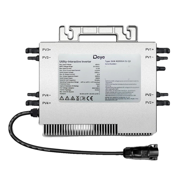 Microinverter, 2000W, suporta 4 panouri solare, 230V, 22-50V, argintiu