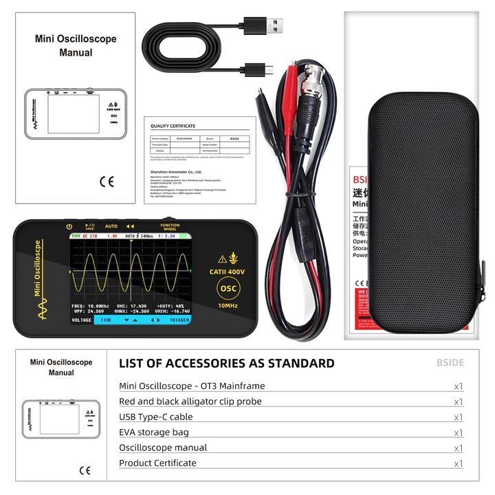 Osciloscop portabil, 10 MHz latime de banda, 3.2 inch display, masurare automata a parametrilor, Negru
