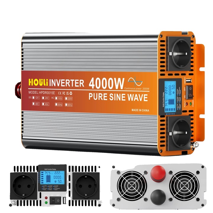 Inverter auto, 4000W, tehnologie unda sinusoidala pura, 24V, 2 porturi USB