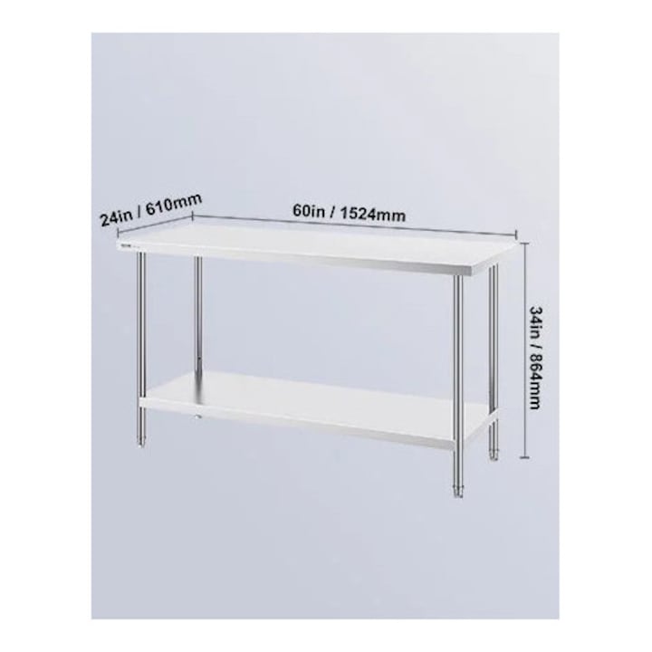 Munkaasztal, Vevor, 61x60 hüvelyk, rozsdamentes acél, állítható polcokkal