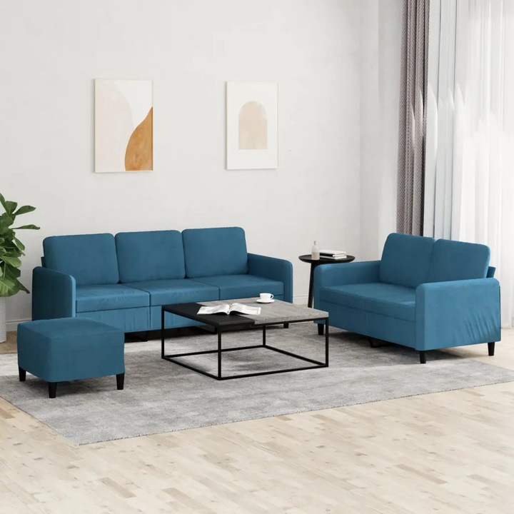 Set canapea 3 piese, vidaXL, albastru, material catifea, dimensiuni compacte