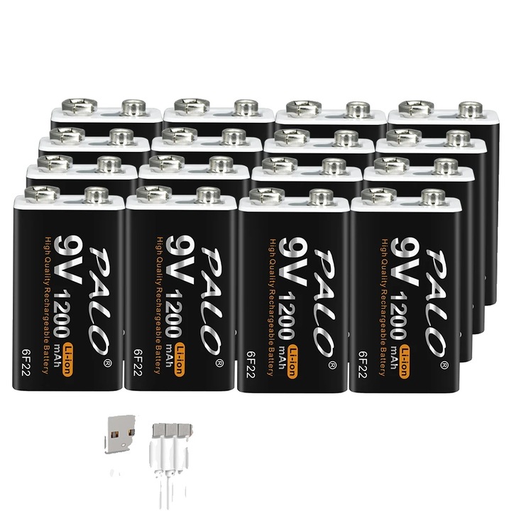 Set 16 Baterii Reincarcabile 9V, 1200mAh, Incarcare USB Type-C, Dimensiuni 49x26x17mm