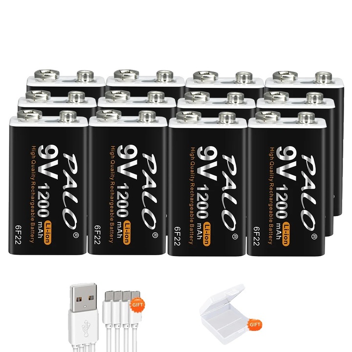 Set 12 Baterii Reincarcabile 9V, 1200mAh, Incarcare USB Type-C, Dimensiuni 49x26x17mm