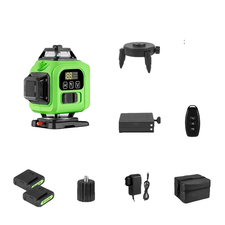 Lézeres szintező, 16 vonal, Bluetooth vezérlés, 2 db elem, EU csatlakozó, 25 m, IP54