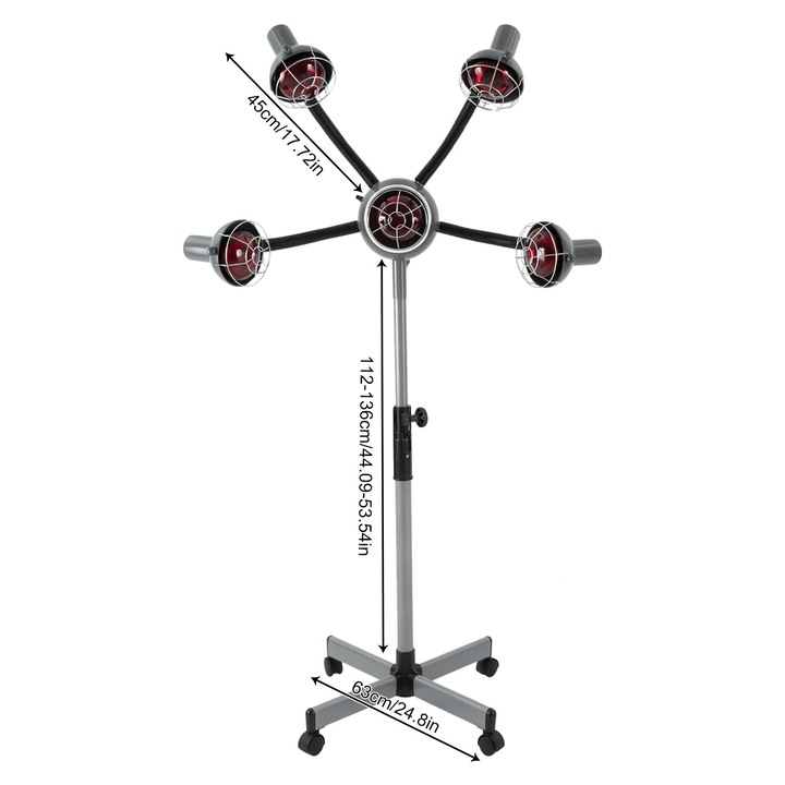 Lampa cu infrarosu pentru coafor, Uscator de par pe stativ cu 5 capete, Inaltime reglabila, 750W 220V, Stecher UE, Argintiu-gri