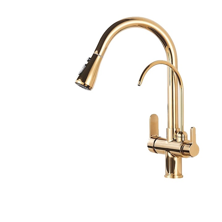 Szaniter csaptelep, Dupla Fogantyú, Kihúzható Zuhanyfej, Arany