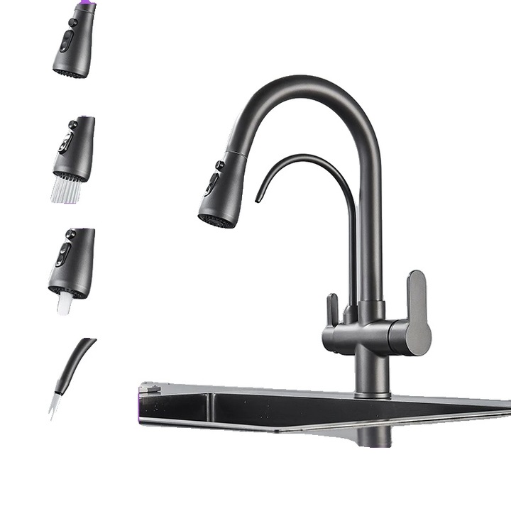 Szaniter csaptelep, dupla fogantyú, kihúzható zuhanyfejjel, szürke