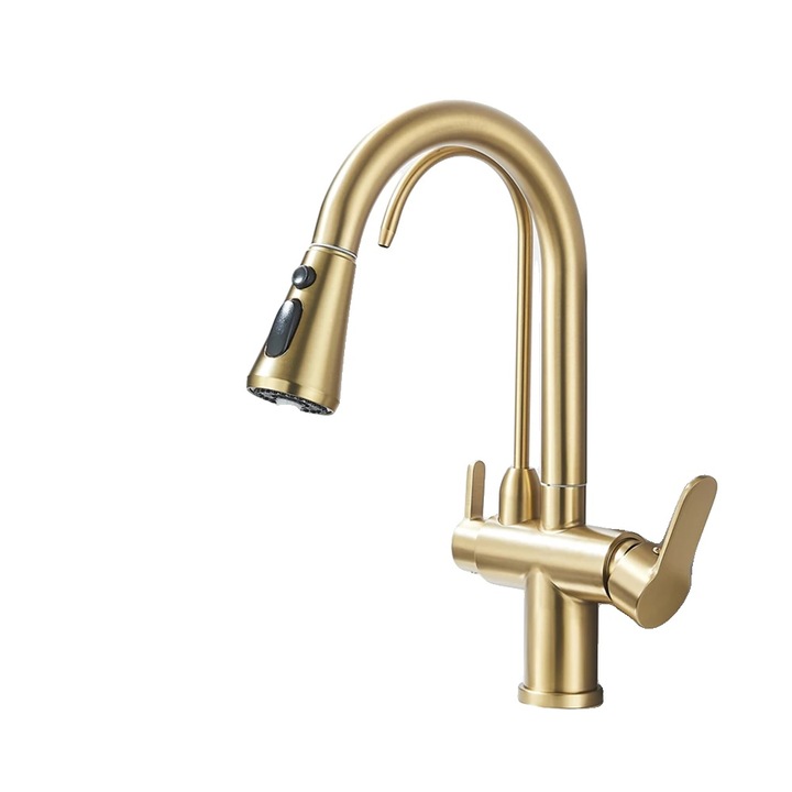 Fürdőszobai csaptelep, kettős fogantyú, kihúzható zuhanyfej, szálcsiszolt arany, pultra szerelhető