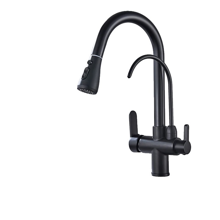 Fürdőszobai csaptelep, kettős fogantyú, kihúzható zuhanyfej, matt fekete, pultra szerelhető