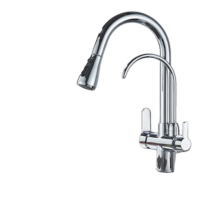 Fürdőszobai csaptelep, kettős fogantyú, kihúzható zuhanyfej, króm, pultra szerelhető