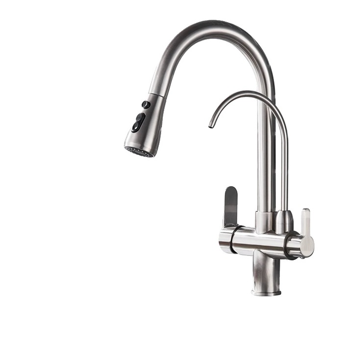 Fürdőszobai csaptelep, kettős fogantyú, kihúzható zuhanyfej, szálcsiszolt nikkel, pultra szerelhető