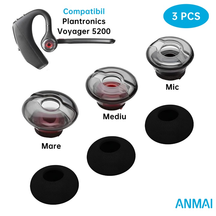 3 darab fülbetét készlet Plantronics, Poly, Voyager 5200 5220 5210 sorozat/5200 UC headsethez, Anmai, Szilikon / Memóriahab, nagy, közepes, kicsi