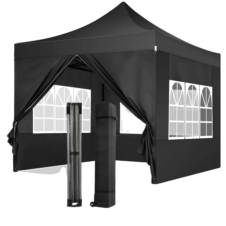 Pavilion gradina, impermeabil, design pop-up, 3x3m, negru, cu 3 pereti laterali detasabili