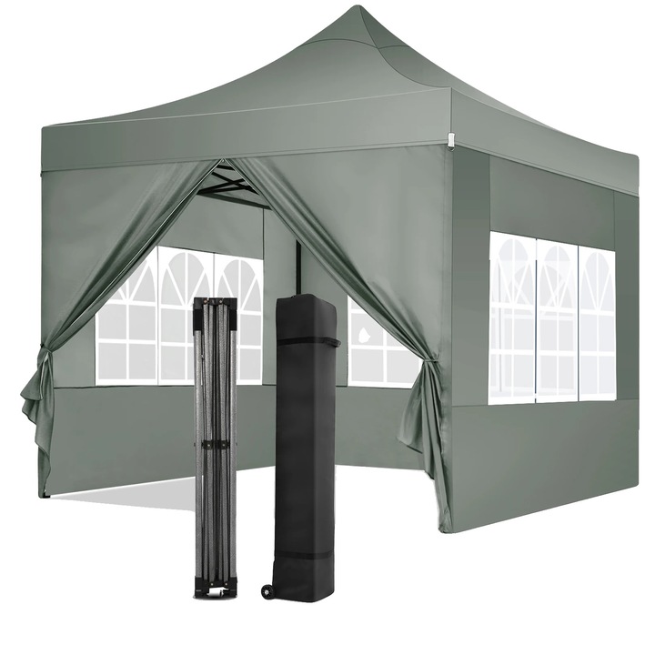 Pavilion gradina, impermeabil, design pop-up, gri, 3x3m, cu 3 pereti laterali detasabili