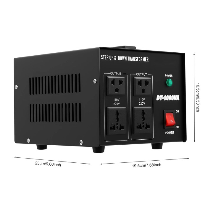 Преобразувател на напрежение, DT-1000VA трансформатор, 110V↔220V повишаващ/понижаващ, 1000 VA, универсални контакти, бял