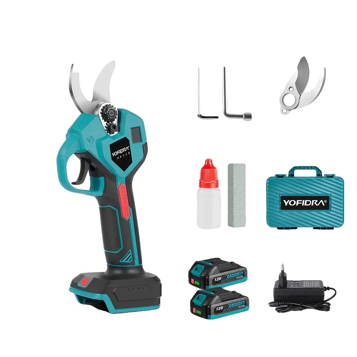 Електрически градински ножици, yofidra, 2 батерии, безчетков мотор, въглеродна стомана, 32 мм x 28 мм, 320 г