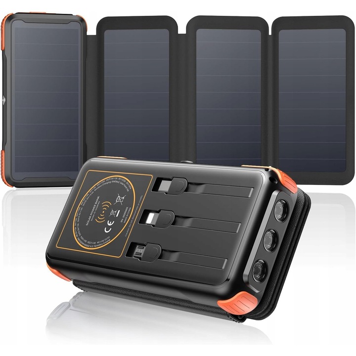 Power bank solar 25000mAh, 4 panouri, 3 cabluri integrate, incarcare rapida, wireless, multicolor