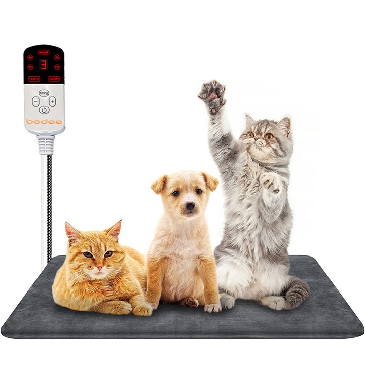 Patura electrica pentru animale de companie, 70x45cm, 9 trepte de temperatura, functie timer, gri