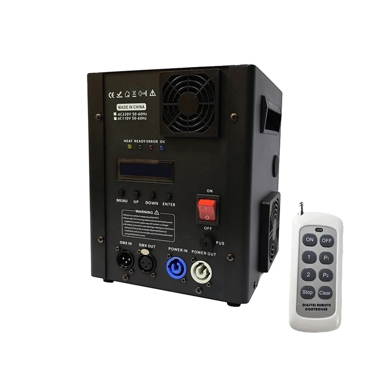 Masina de efecte de scena, control DMX, inaltime spray ajustabila, operare prin telecomanda, dimensiuni compacte