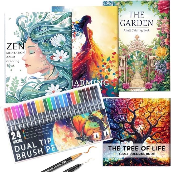 Комплект VANLYTPET, от 4 релаксиращи книжки за оцветяване за възрастни с 24 двувърхи маркера, Подарък за облекчаване на стреса за жени, Съдържа 128 модела, включително стил за дзен медитация в градина с дървета