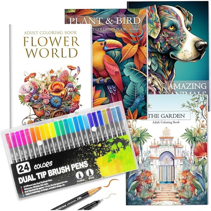 VANLYTPET, Книга за оцветяване за облекчаване на стреса с 24 двувърхи маркера, Релаксиращ подарък за жени, Съдържа 128 дизайна, включително животни, цветя, растения, птици, природни стилове (Пакет от 4)，Комплект животни
