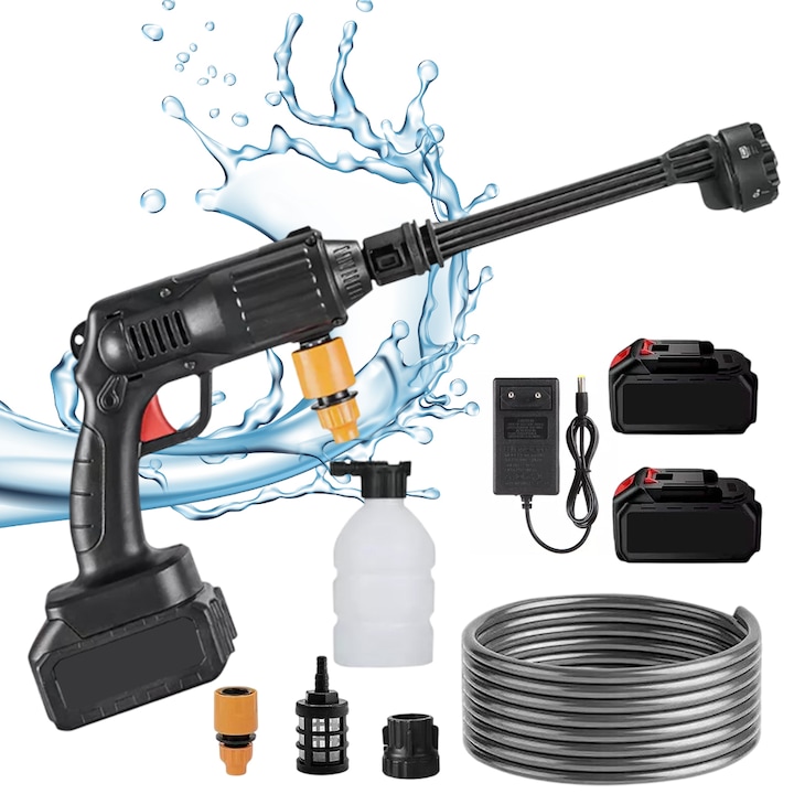Безжична водоструйка с пистолет AKKEE®, преносима, 6 в 1 дюзи, 5 м воден маркуч, 8 л/мин, 2 батерии, 300 W, 48 V, 30 бара, 18000 об/мин, пълен комплект, черна, за пяна, за миене на автомобили, домашна употреба и поливане на градината
