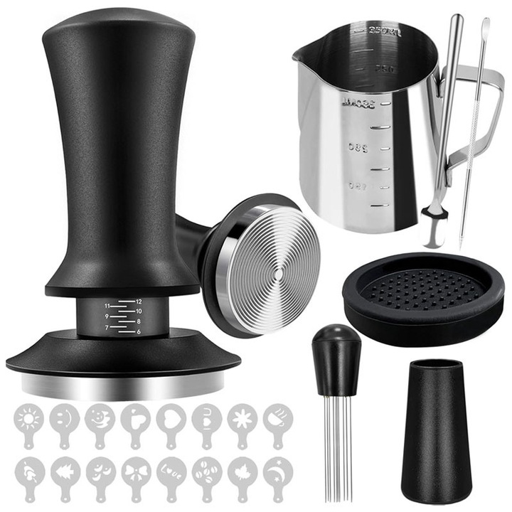 Комплект от 22 аксесоара за кафе, Rqiurpn, с 51 мм еспресо тампер, 350 мл пенообразувател, писалка за лате арт, 16 шаблона за кафе, черен