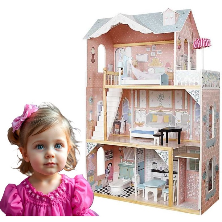 Къща за кукли, изработена от качествена дървесина, модерна вила, в пастелни цветове, 3 нива, 4 стаи, стълбище и асансьор, 12 мебели, Indiggo®, височина 121 см, розово/синьо
