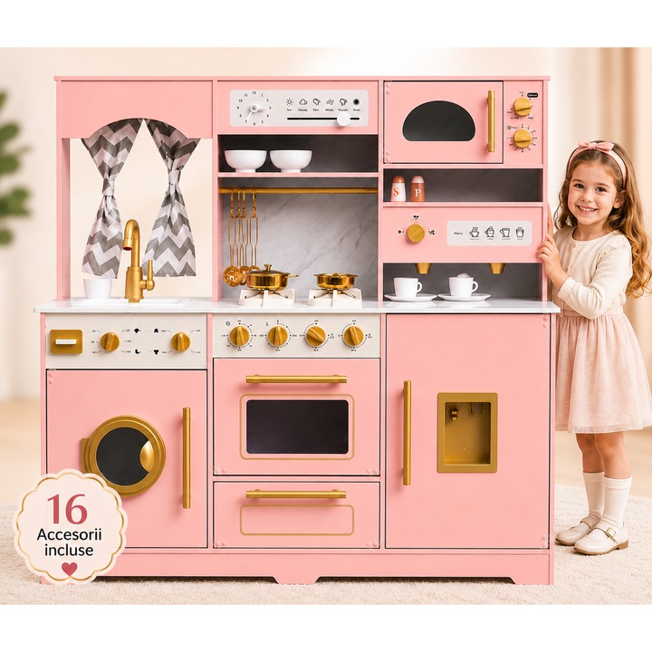 Bucatarie pentru Copii din MDF FrenchBistro™ cu Lumini si Sunete, Set de Joaca cu Aparat de Cafea, Masina de Spalat, Cuptor, Chiuveta Electrica, Dozator de Apa, Cuptor cu Microunde, Ustensile si Accesorii, Perdea, Spatiu Depozitare, Pastel Pink