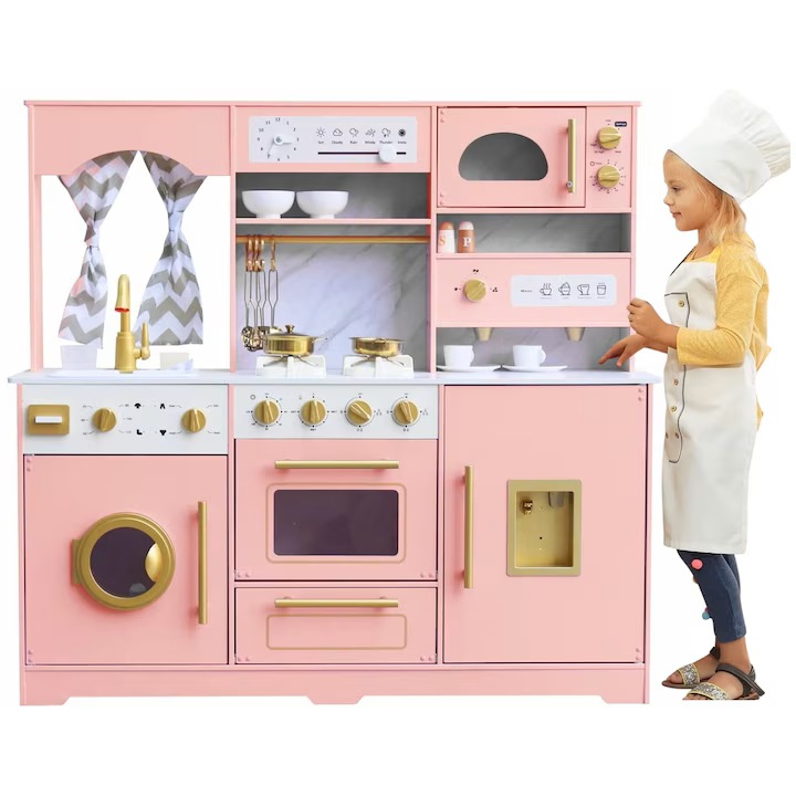 Детска кухня FrenchBistro™ от MDF със светлини и звуци, комплект за игра с кафемашина, пералня, фурна, електрическа мивка, диспенсър за вода, микровълнова фурна, прибори и аксесоари, завеса, място за съхранение, пастелно розово