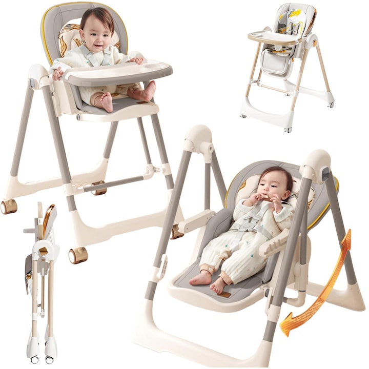 Scaun Multifunctional 3in1 BabyBoo® Masa, Activitati si Balansoar, Pliabil One-Click, 6 Trepte Inaltime, Spatar cu 5 Pozitii, Tavita Dubla Detasabila, Centura 5 Puncte, Husa Moale Lavabila, Roti Silentioase si Antiderapante, Abstract Grey