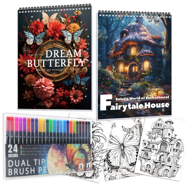 VANLYTPET ，Книжка за оцветяване за възрастни с 24 двувърхи маркера, два комплекта книжки за оцветяване, 48 дизайна (мечтана пеперуда и къщичка от тиква), спираловидна форма, идеалният подарък за осъзнатост и против тревожност，Комплект Къщичка от Тиква