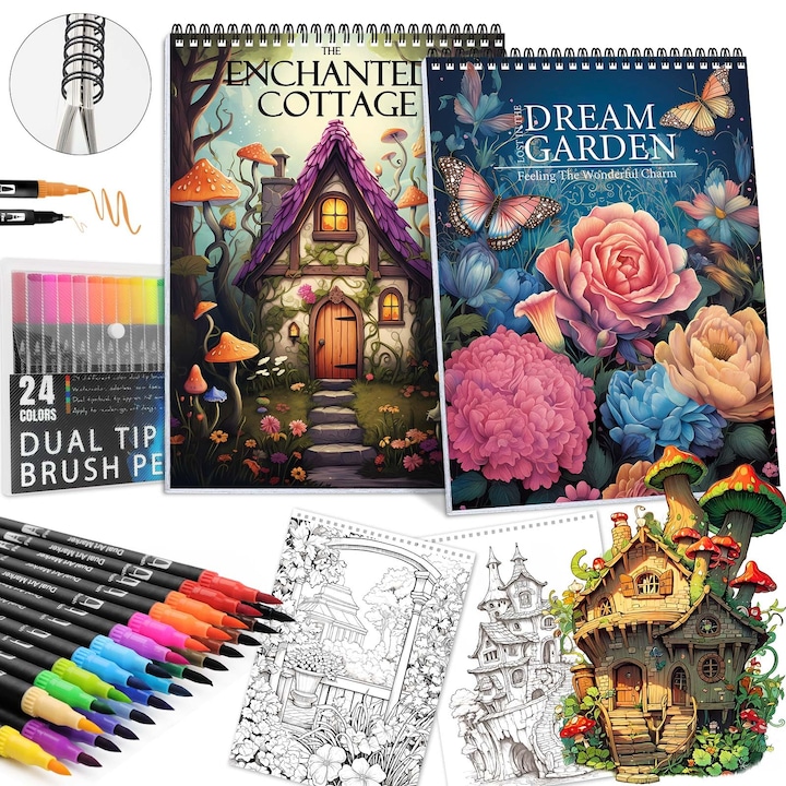 VANLYTPET, Релаксираща книжка за оцветяване за възрастни, Спираловидна книжка за оцветяване за осъзнатост с 24 маркера, Подарък за облекчаване на тревожност, Включва Фантастична градина и Магически стилове на къщи (Пакет от 2), Комплект магическа къща
