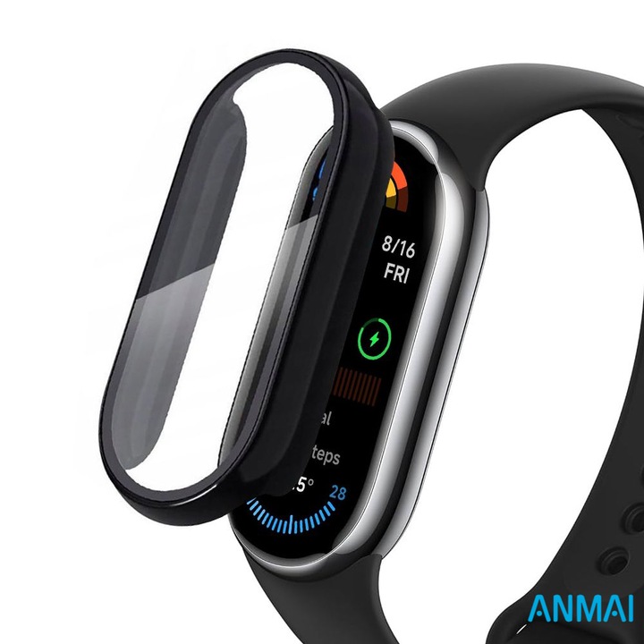 Интегриран калъф със защита на екрана, ANMAI, Defense 360° PRO, за Xiaomi Mi Band 9, Монолитна конструкция от закалено стъкло 9H + PC калъф против удар, 100% съвместим с NFC/зареждане, Черен