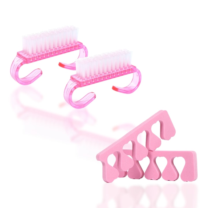 Комплект от 2 четки за почистване на нокти + 2 разделителя за пръсти за маникюр и педикюр, розови