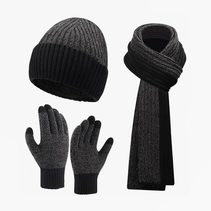 Комплект от 3 зимни аксесоара за мъже, зимна шапка, шал, ръкавици, сиви