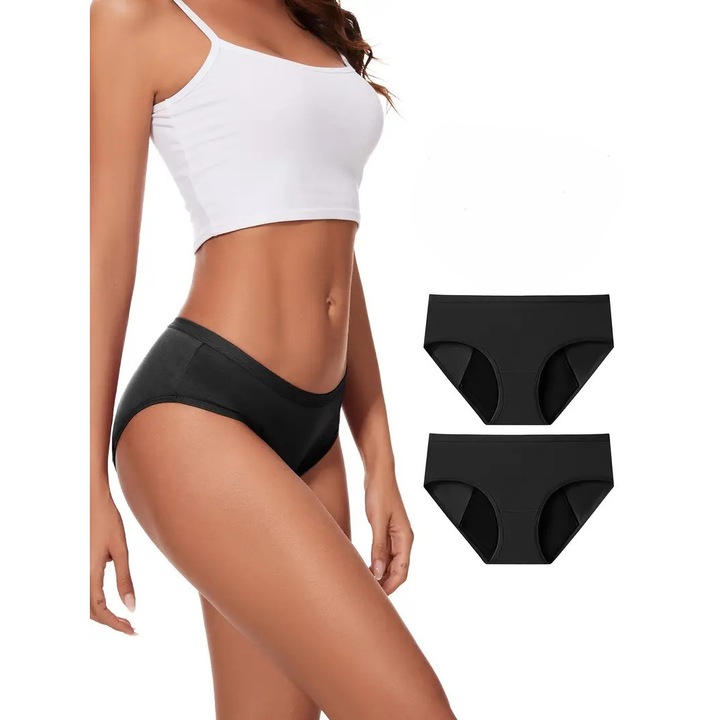 Doua Perechi De Chiloti Menstruali Reutilizabili, Marimea S, Cu 6 Straturi De Protectie Impotriva Scurgerilor, Absorbtie Ridicata, Culoare Negru, 95% Bumbac, 5% Elastan