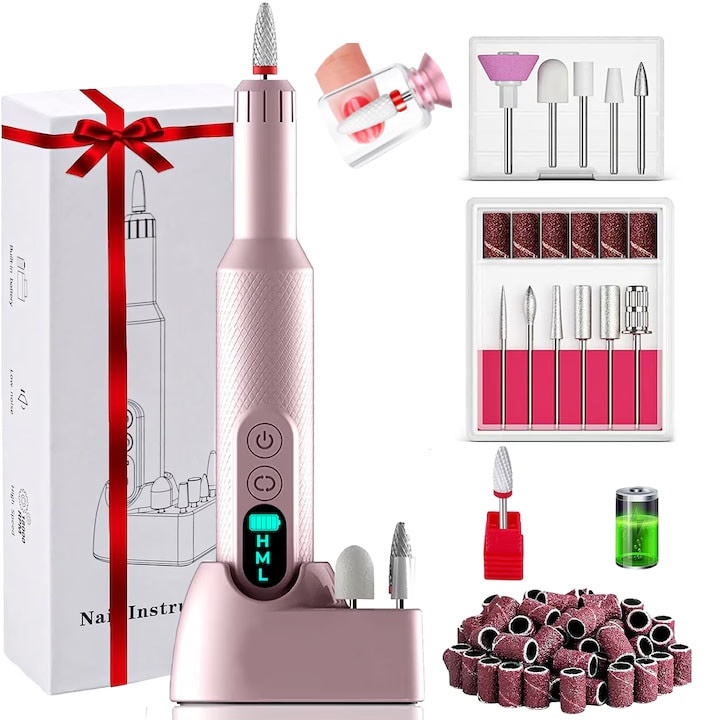 Електрическа пила за маникюр и педикюр, 3 скорости, розова, 13x2x2см, пълен комплект с 12 накрайника и 30 абразивни кърпички