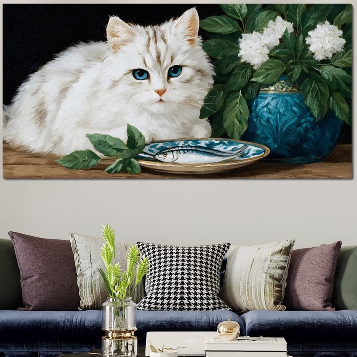 Tablou Canvas Premium, LuxCanva® M1238, Ospat Nobil, 50 X 100 CM, Panza Bumbac 100% 400g/m2, Sasiu Lemn, Pisica, Portelan, Vaza, Flori, Frunze, Blanita, Peste, Cina, Mancare, Farfurie, Pictura, Ceramica, Birou, Living, Camera Copil