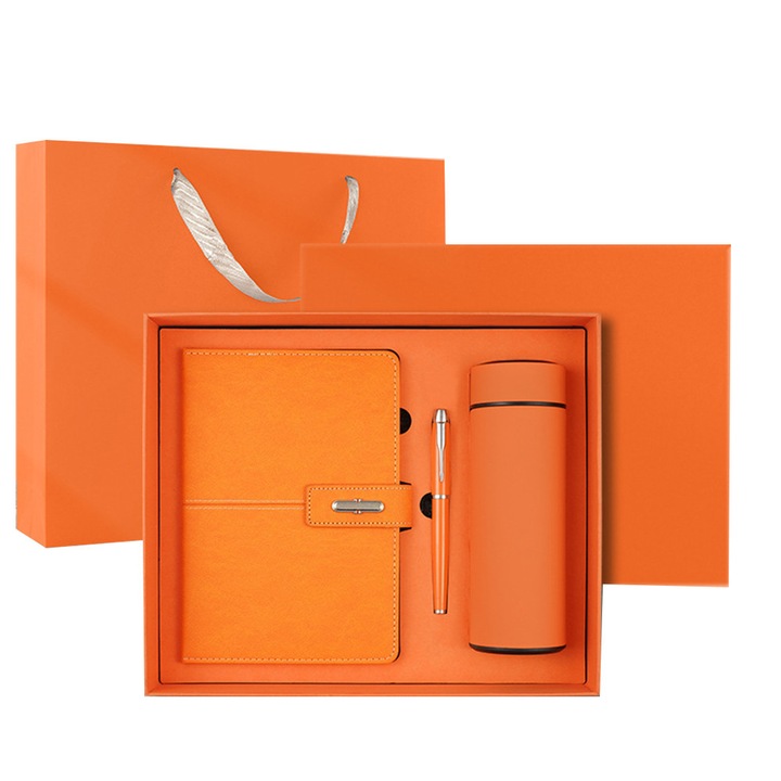 Подаръчен комплект за жени, 3 Премиум продукта, Термос от неръждаема стомана, Планер с корица от еко кожа A5, Елегантна химикалка, Опаковани в изключителна подаръчна кутия, Идеален за нея, дама, майка, момиче, съпруга, дъщеря, Оранжев