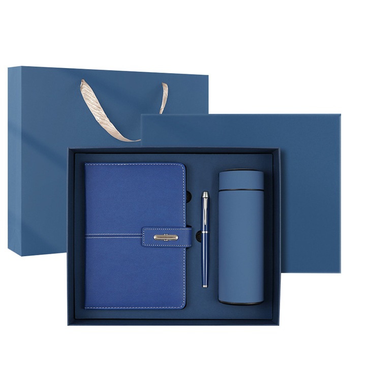 Ajándék szett férfiaknak, 3 prémium termék, Rozsdamentes acél termosz, A5-ös határidőnapló műbőr borítóval, Elegáns toll, Kivételes csomagdobozba csomagolva, Ideális neki, uraknak, apának, férjnek, fiúnak, testvérnek, Kék