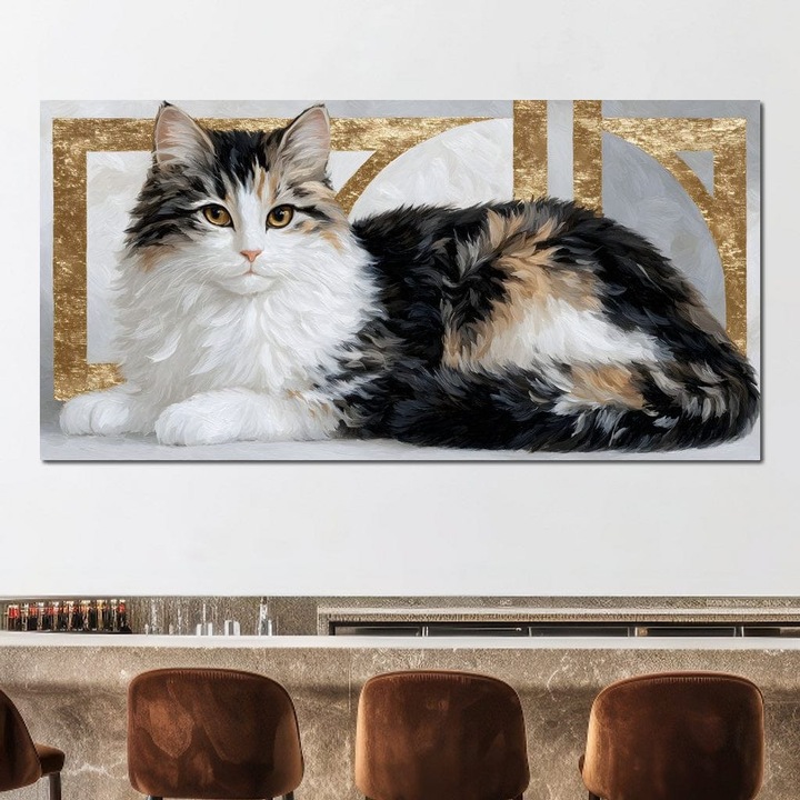 Премиум картина върху платно, LuxCanva® M1240, Кралска кожа, 60 X 120 см, 100% памучно платно 400 г/м2, дървена рамка, пухкава, златна, абстрактна, козина, котка, калико, женствена, елегантна, луксозна, котешка, офис, хол, детска стая