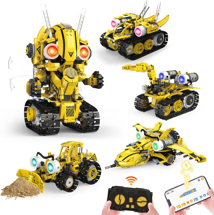 Robot programabil 5 in 1, buyya, Robot tehnologic, Jucarii cu blocuri de constructie, jucarii robot inteligente, robot de jucarie cu telecomanda, robot transformabil, LED, cu telecomanda si app, galben, pentru interior si exterior,30x20x15cm