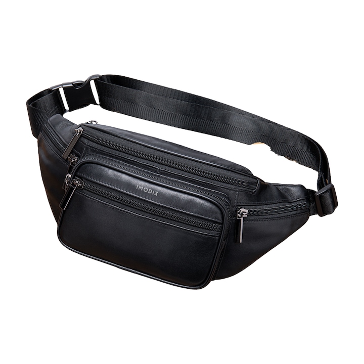 Férfi Valódi Bőr Kézitáska, IMODIX, 6 Rekeszes, Állítható Pántokkal, 30 x 12 cm, 8879-es Modell, Fekete