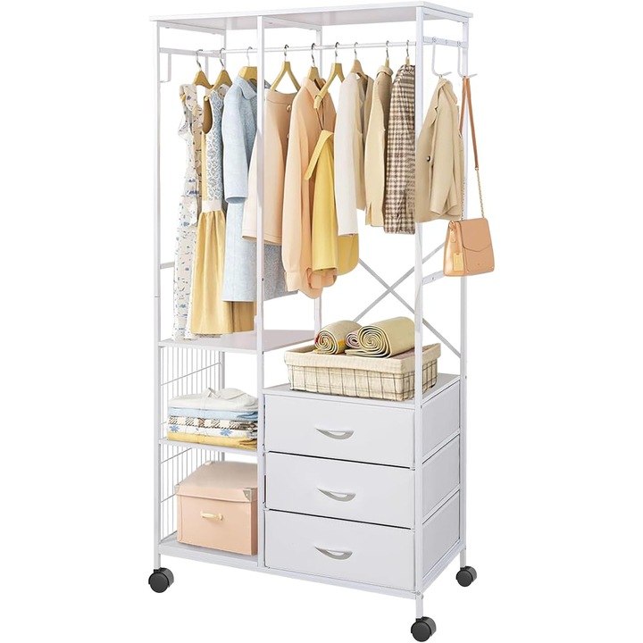 Suport pentru haine cu roti Uptyia, organizator mobil economisitor de spatiu, stativ heavy-duty pentru garderoba, cu rafturi, sertare si carlige, alb