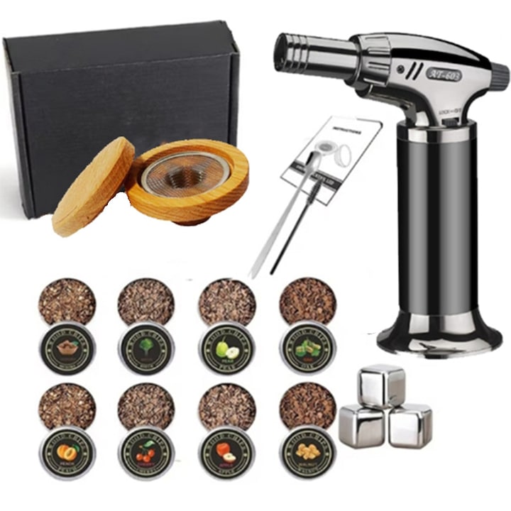 Комплект за опушване на уиски с горелка, 8 подправки, с лед, неръждаема стомана/дърво, Ден на бащата, подарък за любим човек (без бутан)