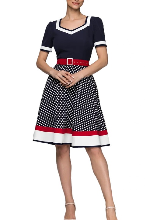 Rochie office, cu buline, accent rosu curea in talie, lunga pana la genunchi, potrivita pentru birou