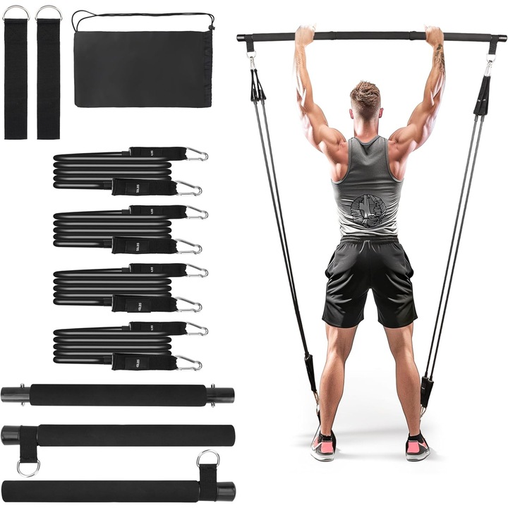 Pilates szett rúddal és 4 ellenállási szalaggal, Belle Vous, lábpántok, hordtáska, fekete