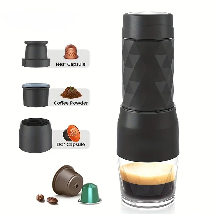 Espressor manual portabil 3-in-1, fara electricitate, compatibil cu capsule Nespresso, Dolce Gusto si cafea macinata. Aparat compact pentru acasa, birou, camping, masina. Cadou ideal pentru iubitorii de cafea (Craciun, Halloween, Anul Nou)