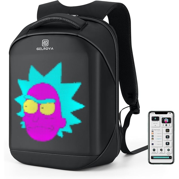 Rucsac LED Gelrova cu control aplicatie City Serise, 17 inch Cool DIY Pixel Art Animatie Moda Programare Rucsac pentru laptop, cadou unic pentru barbati sau femei, Negru TPU Barbati